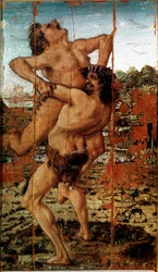 Herculesin kaksitoista teosta: "" Herakles (Herkules) nostaa jättiläistä ante"" Antonio Bencin maalaus nimeltä Pollaiolo (Pollaiuolo) (1431-1498)