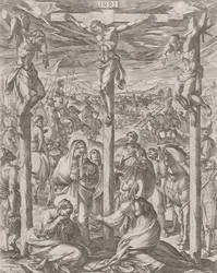 Kristus ristiinnaulittiin kahden varkaan, kolmen Marian, väliin ristin juurella, 1612.