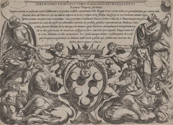 "Vanhan testamentin taistelujen" etukappale Medicin käsivarsilla, jonka kruunasi ..., 1660.