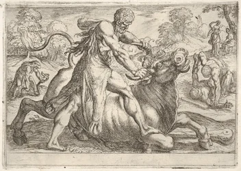 Hercules ja Achelous: keskellä Herkules tarttuu härän sarviin painaessaan ri..., 1608.