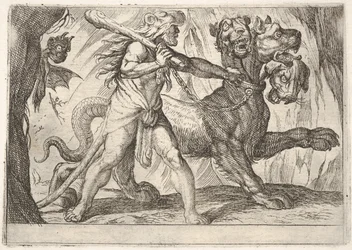 Herkules ja Kerberos: Herkules tarttuu Kerberoksen kaulapantaan, vasemmalla ilmestyy kaksi demonia..., 1608.