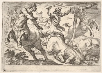 Herkules ja kentaurit: Herkules pitää vasemmalla kädellään kentaurin päätä ja kohottaa ..., 1608
