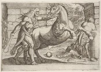 Herakles ja Diomedeen tammat: Herakles tarttuu takajaloilleen nousevan hevosen suitsiin, toinen ..., 1608