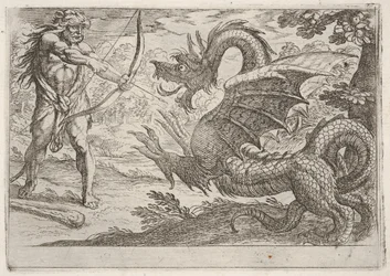 Herkules ja Ladon-käärme: Herkules jännittää jousensa, ja pystyyn kohoava käärme näkyy sivusta, 1608.