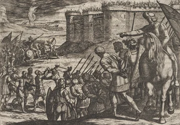 Levy 16: Roomalaiset vangit ennen vanhaa linnoitusta, teoksesta Roomalaisten sota B..., 1611.