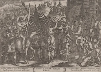 Levy 17: Daavid palaa voittoon Goljatin pään kanssa, teoksesta The Batt..., n. 1590-n. 1610.