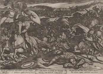 Kuvalaatta 18: Saulin itsemurha hänen kärsittyään tappion filistealaisille, teoksesta ”Taistelu...”, noin 1590-noin 1610.