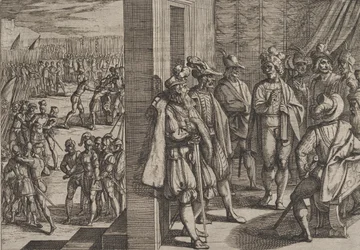 Laatta 18: Civiliksen salainen tapaaminen muiden Trierin johtajien kanssa, teoksesta Roomalaisten sota bataveja vastaan, 1611.
