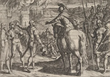 Levy 34: Roomalaiset polttamassa Hollannin maaseutua, teoksesta Roomalaisten sota..., 1611.