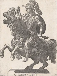 Levy 4: Keisari Gaius hevosen selässä, teoksesta "Kaksitoista ensimmäistä roomalaista keisaria", 1596.