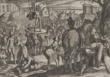 Laatta 5: Bruno nimitetään caninefatien johtajaksi, teoksesta Roomalaisten sota... vastaan, 1611.