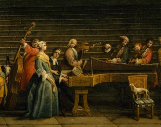 Konsertti Villassa, Antonio Visentini (1688-1782), piano ja viulu, öljy kankaalle, 207x320, Italia
