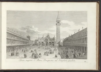 Gezicht op het San Marcoplein en de San Marco te Venetië Pyhän Markuksen esitteen laajempi alue samaan temppeliin (otsikko esineessä) Gezichten op bugemenen en pleinen in Venetië (sarjan nimi) Lisää kuuluisia näkymiä Venetsian kaupunkiin Antoniuksen kanava