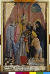 St. Ambrose kastaa Pyhän Augustinuksen, n. 1441 (tempera taulussa)