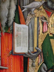 Pyhän Hieronymuksen Raamattu ja Pyhän Gregoriuksen kyyhkynen, yksityiskohta vasemmanpuoleisesta taulusta Neitsyt ja pyhimykset Hieronymus, Gregorius, Ambrosius ja Augustinus, 1446 öljy kankaalle restauroinnin jälkeen ks. 160893-99.