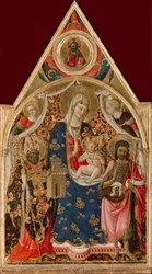Madonna ja lapsi, piispa, Pyhä Johannes Kastaja ja enkelit, 1400-luvun alku.