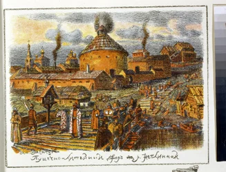 Pyykkikanuuna Neglinnaya-joella (Neglimna, Neglinna, Neglinka), 1600-luvulla. Appolinari Mikhaylovich Vasnetsovin (1856-1933) teos, litografia