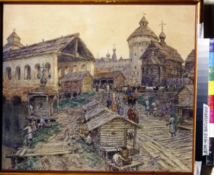 Ylösnousemussilta Moskovassa 1600-luvulla. Appolinari Mikhaylovich Vasnetsovin (1856-1933) työ, akvarelli ja pastelli paperille
