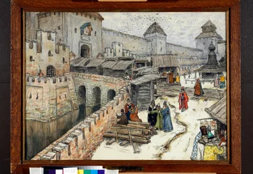Moskova 1600-luvulla, kirjakauppiaat Kristus Vapahtajan sillalla - Appolinari Mykhaylovich Vasnetsovin (1856-1933) teos