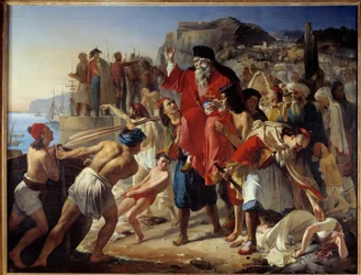 Parganiotien alukseen nousu. Historiallinen kohtaus Kreikan vapaussodan aikana (1819). Appollodore Calletin (1779-1831) maalaus