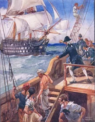 Kapteenimme tervehti ranskalaista "Ho!", kuvitus teoksesta "Balladit kuuluisista taisteluista", n. 1900