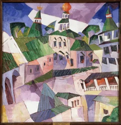 Luostari. Piispan tuomioistuin Uudessa Jerusalemin luostarissa Venäjällä. (Luostari. Bishop Courtyard New Jerusalemin luostarissa). Aristarkh Vasilyevich Lentulov (Lentulov) (1882-1943) maalaus, öljy kankaalle