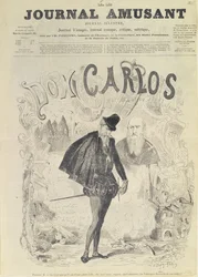 "Le Journal Amusant" -lehden etusivulla on karikatyyri Don Carlosista, Giuseppe Verdin (1813-1901) ooppera "Don Carlos":