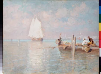 Venetsian lahti (Italia) - Venetsian lahti - Arkadi Afanasjevitš Chumakovin (Tchoumakov) maalaus (1868-1948), öljy kankaalle