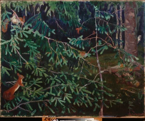 Metsän asukkaat. (Oksissa oravia ja runkoa nokkiva lintu). Arkadi (Arkady) Aleksandrovich Rylovin (1870-1939) maalaus öljy kankaalle