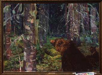 Karhu. (Pojan kanssa, havumetsässä). Arkadi (Arkady) Aleksandrovich Rylovin (1870-1939) maalaus, öljy kankaalle