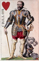 Edustus Louis de Balbes de Bertonista, ritarista lempinimeltään Rohkea Crillon. Yksityiskohta pelikortista, jonka on valmistanut Gustave Houbigant (1789-1862) 1800-luvun Paris B.N.