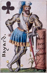 Edustaa ritari Pierre Terrailia, Bayardin herraa (1476-1524). Yksityiskohta pelikortista, jonka on valmistanut Gustave Houbigant (1789-1862) 1800-luvun Paris B.N.