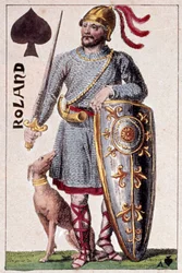 Edustus ritari Rolandista (tai Hroudlandista), Bretagnen marquisista. Yksityiskohta pelikortista, jonka on valmistanut Gustave Houbigant (1789-1862) 1800-luvun Paris B.N.