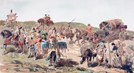 Saattajan kanssa matkustava vaunu 1400-luvulla, 1886