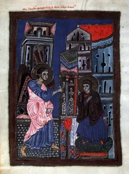 Ilmoitus. Arkkienkeli Gabriel vierailee Neitsyt Marian luona. Valaistus Codex Matenadaran -mestari (1200-luku), miniatyyri, akvarelli pergamentille