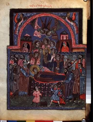 Neitsyen nukkuminen. (Neitsyen Dormition). Valaistus Codex Matenadaranin mestarilta (1200-luku), miniatyyri, akvarelli pergamentille