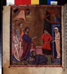 Lasaruksen ylösnousemus (Lazaruksen ylösnousemus). Valaistus Codex Matenadaran -mestari (1200-luku), miniatyyri, akvarelli pergamentille