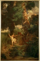 Syrinx von Pan verfolgt - Syrinx flees before Pan ... (maalaus kankaalle)