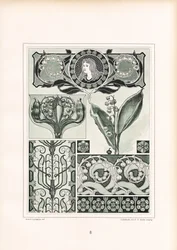 Lily of the Valley -koriste, jossa on naisen muotokuvamitali (litografia).
