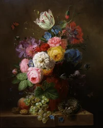 Ruusujen, unikkojen, atsaleoiden ja tulppaanien asetelma. Arnoldus Bloemersin (1786-1844) maalaus. Yksityiskokoelma.