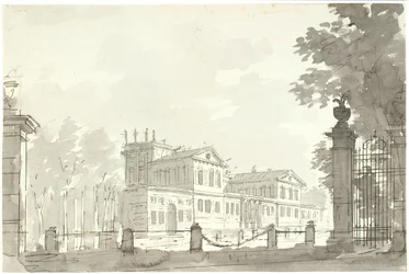 Palatsi aidatussa puistossa, t.h. ristikkoportti
