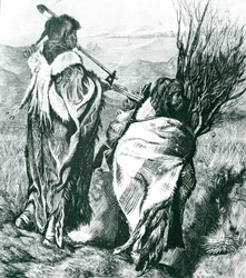 Hiawatha ja Minne-Ha-Ha, kaiverrus Joseph Swain (1820-1909) 1870 (kaiverrus) (m/w kuva)