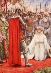 Kuningas Edward katsoi alas kuningatar Philippan rukoileviin silmiin (väri litho)