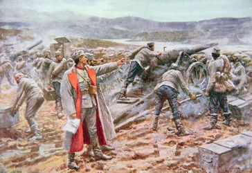 Serbian tykistö taistelussa itävaltalaisia vastaan (värilitho)
