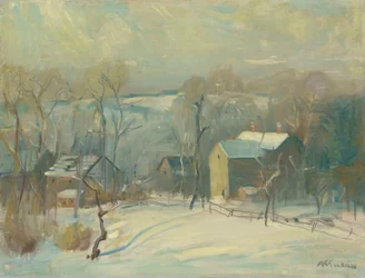 Village in Snow (öljy kankaalle)