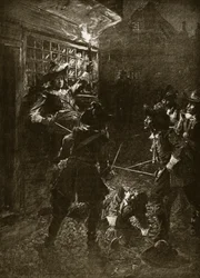 Kuningas Charles II:n kannattajat hyökkäävät Sir John Coventryä vastaan, 1670, esimerkki Hutchinsonin kirjasta "Story of the British Nation", n. 1920