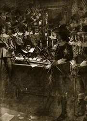 Strafford luovuttaa miekkansa alahuoneessa, kuvitus Hutchinsonin teoksesta "Story of the British Nation", noin 1920