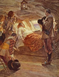 Amiraali Blaken kuolema (1599-1657), kuvitus Henry Newboltin (1862-1938) teoksesta Drakes Drum and Other Songs of the Sea