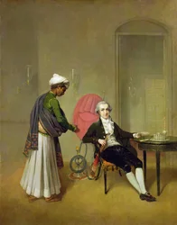Gentleman, mahdollisesti William Hickey, ja hänen intialainen palvelijansa, n. 1785 (öljy kankaalle)