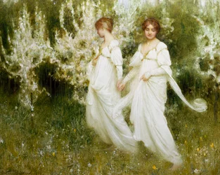 "Viattomuus" Kaksi valkoisiin pukeutunutta naista, jotka symboloivat viattomuutta ja puhtautta, kävelee puutarhassa. Arthur Hackerin (1858-1919) maalaus (esirafaeliitti) Yksityiskokoelma.